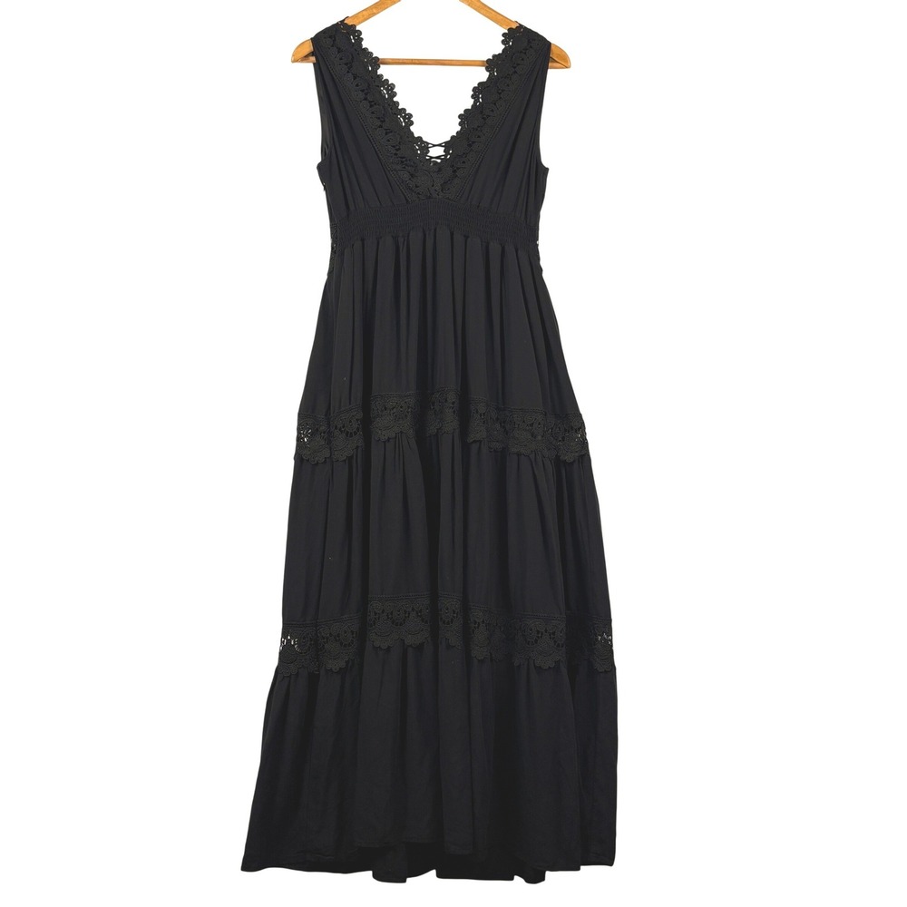 Yumi Women Sleeveless Black Lace Tiered Maxi Dress Lace-up Sz S Boho Romantic